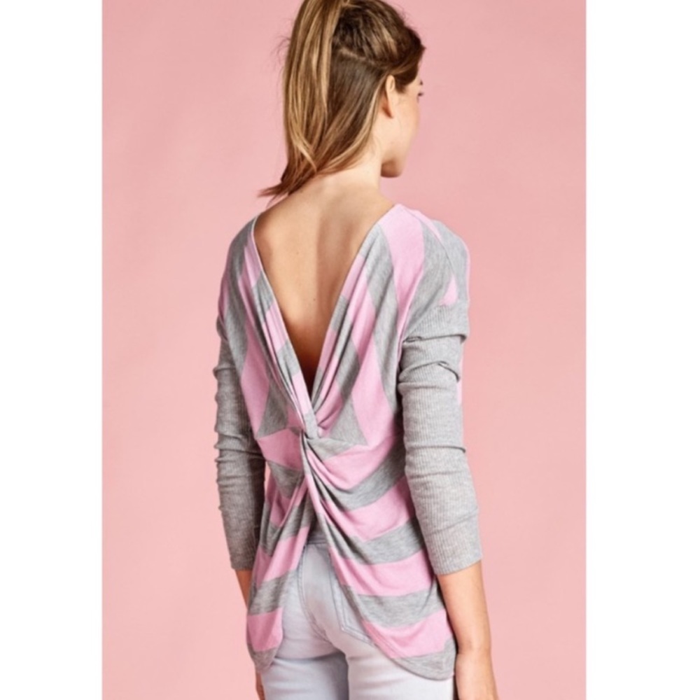 SALE ODDI Heather Gray Pink Stripe Twist Back Top - Picture 7 of 12